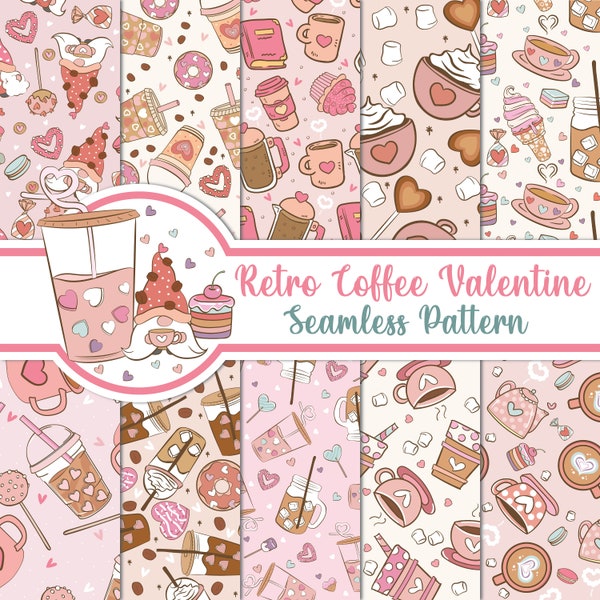 Retro Coffee Valentine Seamless Pattern, Valentine Background, Coffee Design, Coffee Digital Paper, Happy Valentines Day, Valentines Day