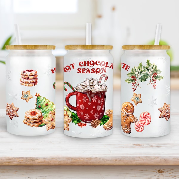 Hot Chocolate Season 16 oz Libbey Glass Can Tumbler, Christmas Tumbler Wrap, Christmas Cookie, Merry Christmas,Hot Cocoa Libbey Cup Digital