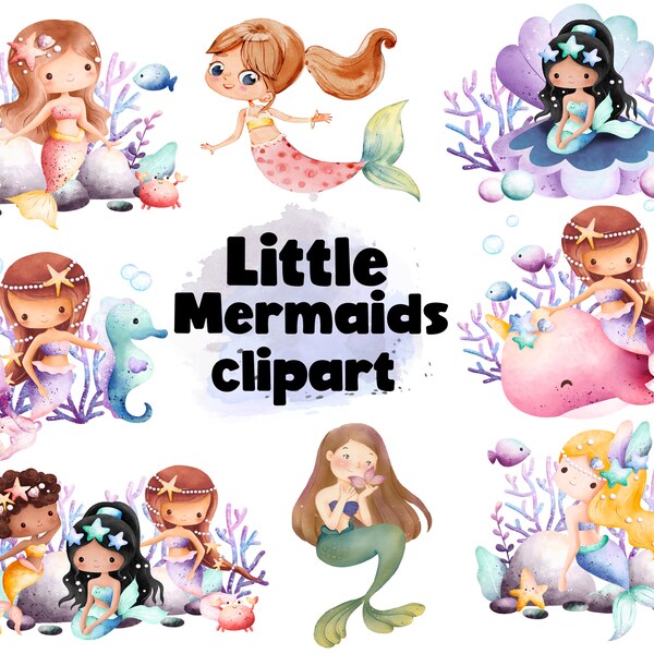 Cute Mermaid Clipart, Little Mermaid Clipart, Mermaid Nursery Clipart, Little Mermaid PNG, Under The Sea Background, Little Mermaid PNG