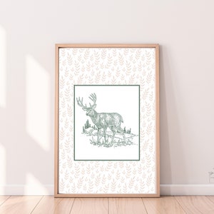 May include: A framed print with a white background and a green line pattern. The print features a line drawing of a deer in a forest setting.
