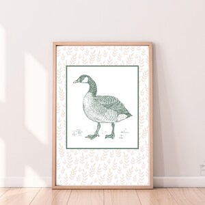 May include: A framed print of a vintage illustration of a goose with a green and white pattern background.