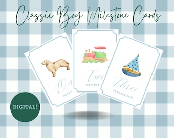 Baby Milestone Cards | Baby Shower Gift | Blue Baby Boy Milestone Cards | Preppy | Monthly Cards Set