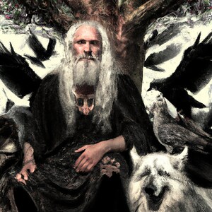 God Odin With Animals and Yggdrasil