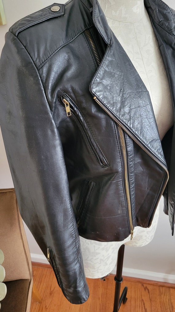 Vintage 1980s Cropped Black Leather Biker Jacket - image 6