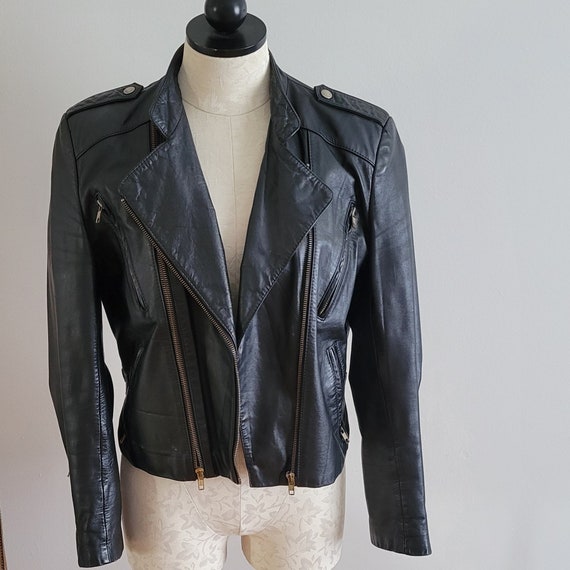 Vintage 1980s Cropped Black Leather Biker Jacket - image 2