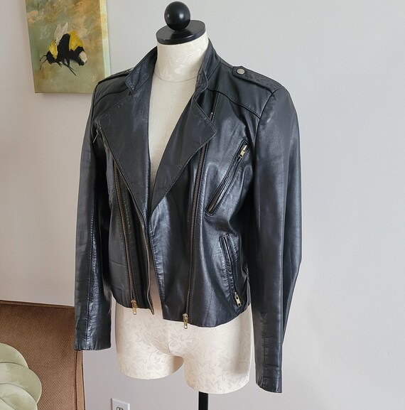 Vintage 1980s Cropped Black Leather Biker Jacket - image 1