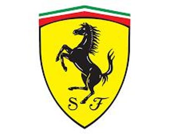 May include: The Ferrari logo features a black prancing horse on a yellow shield, with a green, white, and red stripe at the top. The letters "SF" are at the bottom of the shield. The logo is a symbol of the Italian luxury sports car manufacturer.