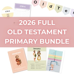 Peut inclure: Ensemble de matériel pédagogique pour l'Ancien Testament, comprenant une bannière rose et un fond rose avec le texte "2026 FULL OLD TESTAMENT PRIMARY BUNDLE". L'image comprend des cartes avec des illustrations et du texte, dont "CTR 4" et "CTR 5".