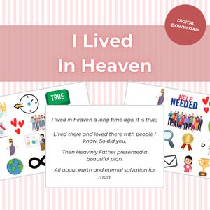 Puede incluir: Gráfico de descarga digital con el texto "I Lived In Heaven" sobre un fondo de rayas rosas y blancas. La imagen incluye ilustraciones de personas, corazones y texto sobre el cielo y la salvación.