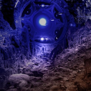 May include: A digital art piece depicting a person standing in a rocky canyon, looking towards a large, glowing, circular structure. The structure has intricate patterns and is emitting bright blue light. The scene has a sci-fi or fantasy theme.
