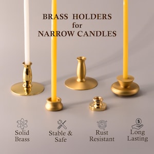 May include: A collection of five brass candle holders for narrow candles, featuring various shapes and finishes. The text BRASS HOLDERS for NARROW CANDLES is visible, along with icons labeled Solid Brass, Stable & Safe, Rust Resistant, and Long Lasting.