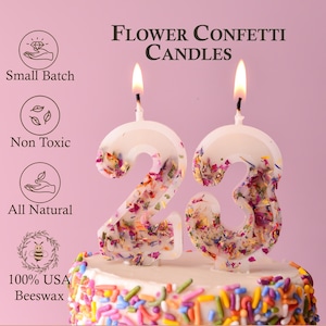 100% USA Pure Beeswax Numbers Birthday Candles With Dried Plants | Anniversary Celebration Cake Cupcake | Flower Confetti | Non-Toxic | Safe