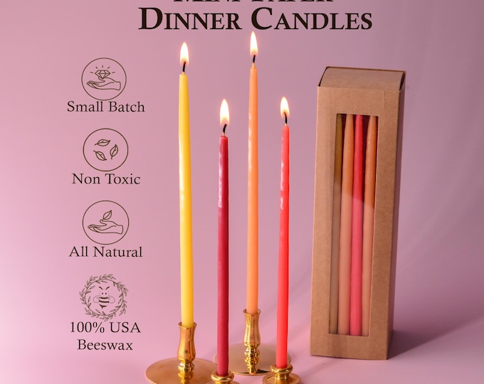 Narrow Beeswax Taper Candles with Mini Brass Holder Set - 7"x1/4"