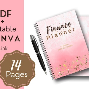 Puede incluir: Un planificador financiero de 12 meses sin fecha de color rosa y dorado con encuadernación en espiral. La portada presenta un diseño marmoleado con detalles de purpurina dorada. El texto "Finance Planner" está escrito en letras marrones en la portada.