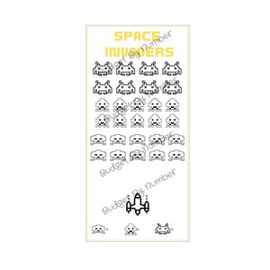 May include: A black and white printable coloring page featuring a retro video game theme. The page includes a spaceship and multiple space invaders. The text "Space Invaders" is at the top of the page with the text "Budget By Number" repeated throughout the page.