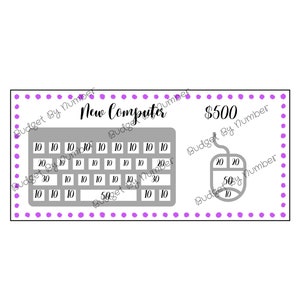 May include: A printable budget worksheet for a new computer. The worksheet features a keyboard and mouse with spaces to fill in numbers for a total of $500. The worksheet is titled "New Computer" and has a purple polka dot border.