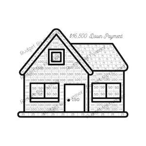 May include: A black and white illustration of a house with a grid pattern. The house has a door and two windows. The grid pattern is numbered with values of 25, 50, 75, and 100. The text "$16,500 Down Payment" is at the top of the image. The number 150 is in a circle in the center of the house.