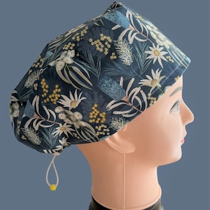 Scrub hat for women, Australian native floral scrub cap, surgeon, nurse scrub hat, dental surgeon cap, adjustable scrub cap for vet techs