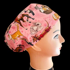 Unique Vet theme Scrub Cap - Great gift for vets, surgeons, nurses and midwives. Pink or Green - dog, cat, bird, horse, guinea pig, bunny