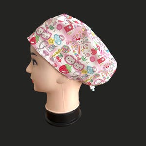 Super cute Kitty and Friends print Scrub Hat. Anime inspired gift for Nurse, Midwife, Surgeon, Dental. Euro style cap