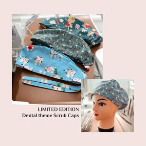 Dental Surgeon scrub caps. Limited Edition hat for dental nurse. Unique gift for dentist. Dental theme with teeth & tooth fairy print.