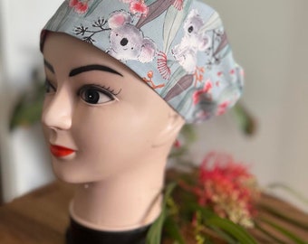 Scrub hat for women / unisex | Australian native animal Koala & flowers. 2 styles. Euro scrub cap. Gift for nurse vet midwife dental surgeon