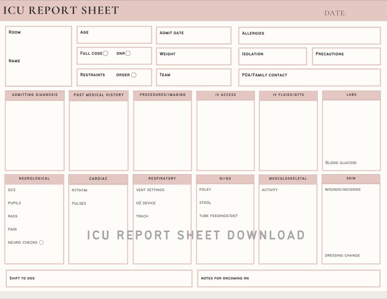 ICU Nurse Report Sheet, Digital Template Download, Printable Report