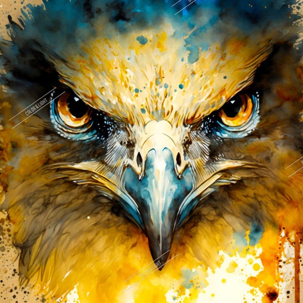 Eagle Watercolor Art | Digital Download | Blue and Gold Art | Birdlife Print | Downloadable