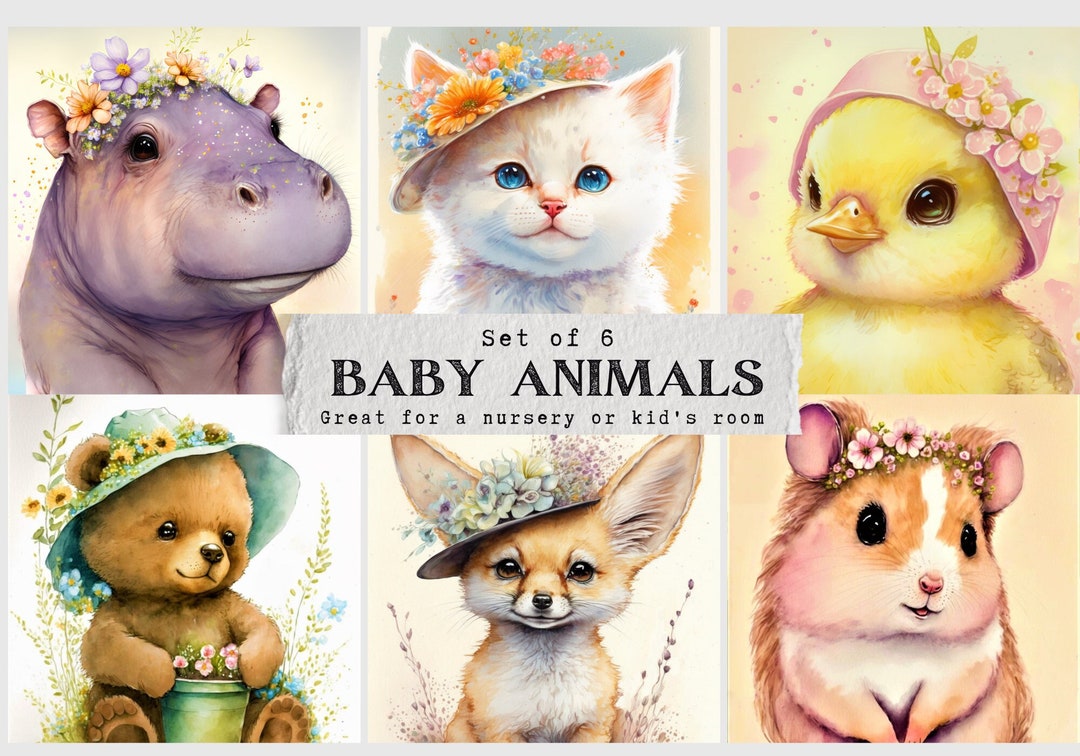 Baby Animals Nursery Set of 6 Wall Art Baby Bedroom Kids Print ...