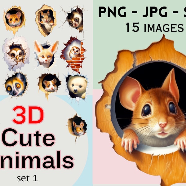 Clipart animal mignon 3D, qualité art mural, 15 images, licence commerciale, téléchargement numérique. PNG, SVG, JPG transparents. Impression et fabrication artisanale