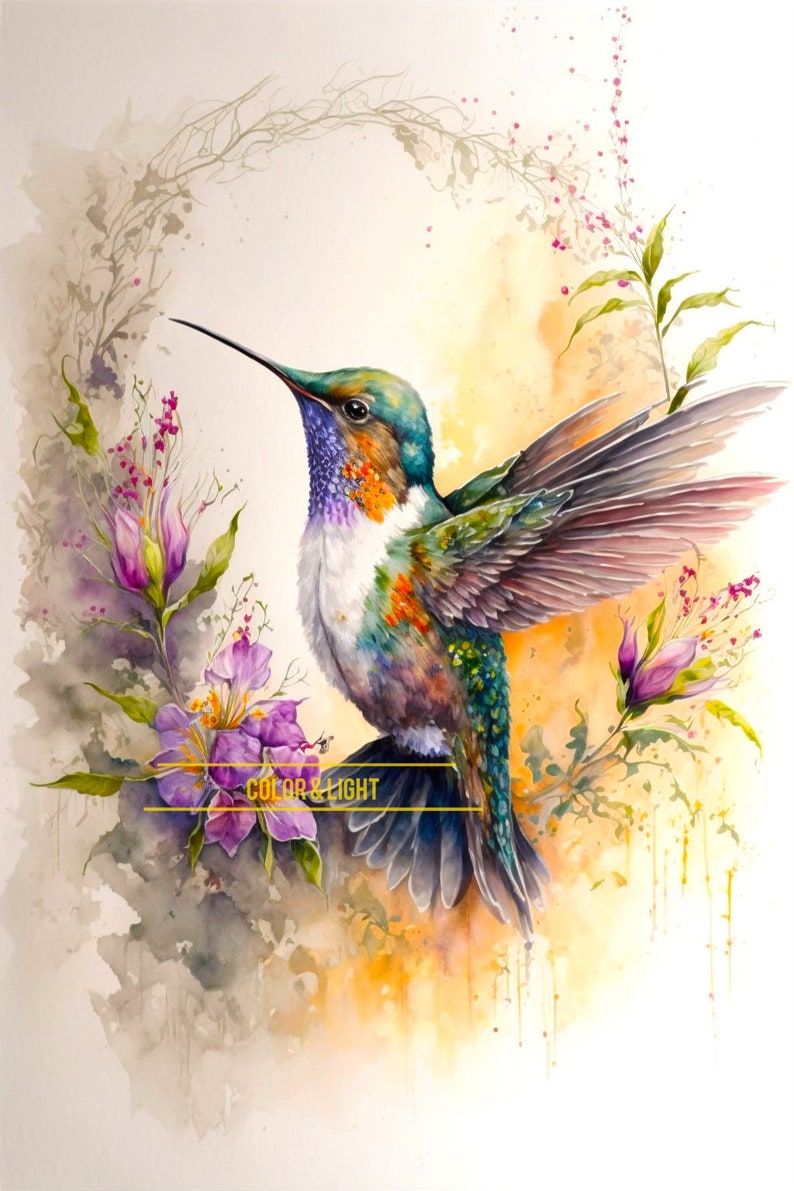 Hummingbird Art Colorful Watercolor Downloadable Print Etsy