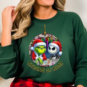 Grinch & Jack Skellington Christmas Sweater – Funny Holiday Sweatshirt Forest Green