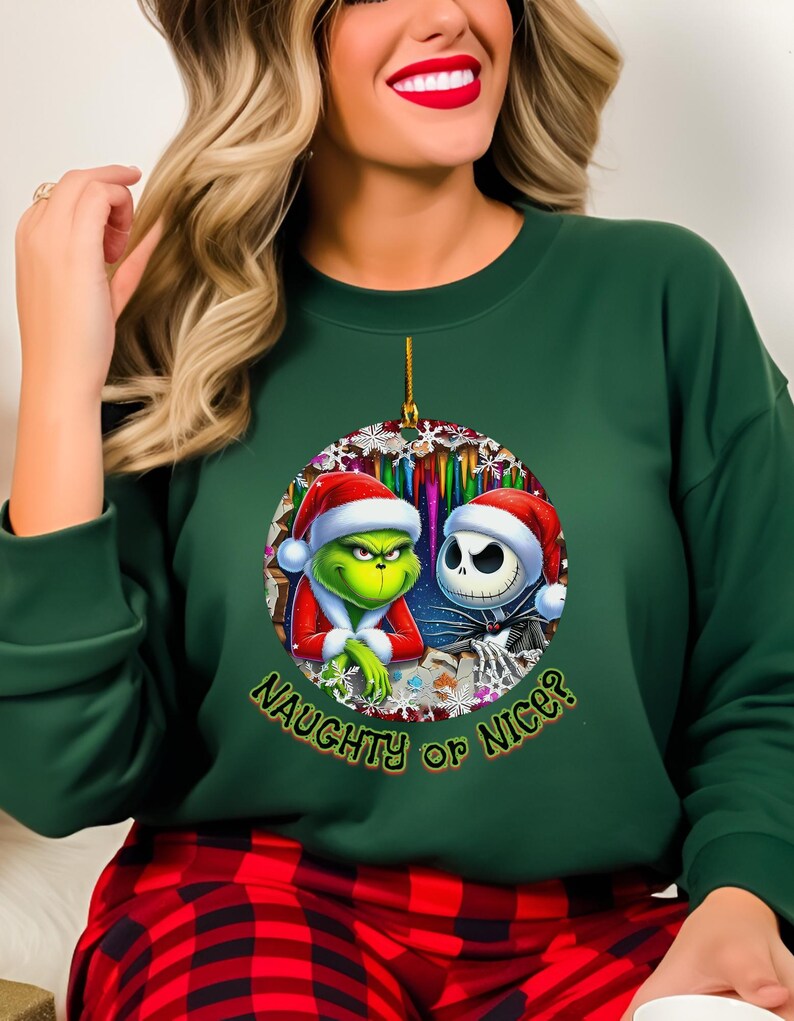 Grinch & Jack Skellington Christmas Sweater – Funny Holiday Sweatshirt Forest Green