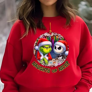Grinch & Jack Skellington Christmas Sweater – Funny Holiday Sweatshirt Red