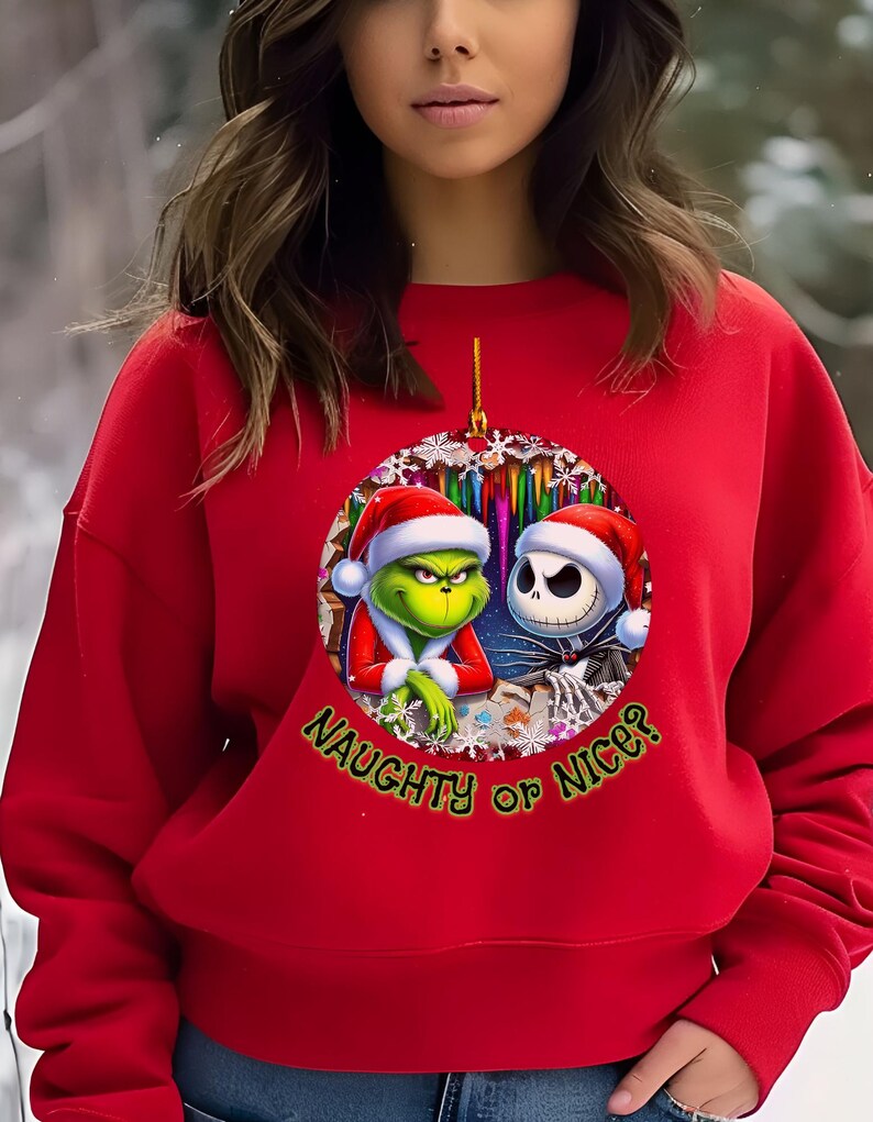 Grinch & Jack Skellington Christmas Sweater – Funny Holiday Sweatshirt Red