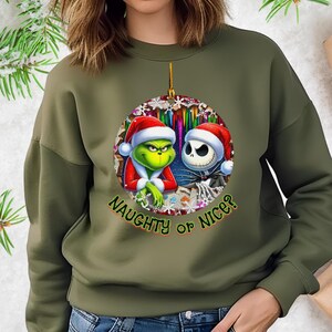 Grinch & Jack Skellington Christmas Sweater – Funny Holiday Sweatshirt Military Green