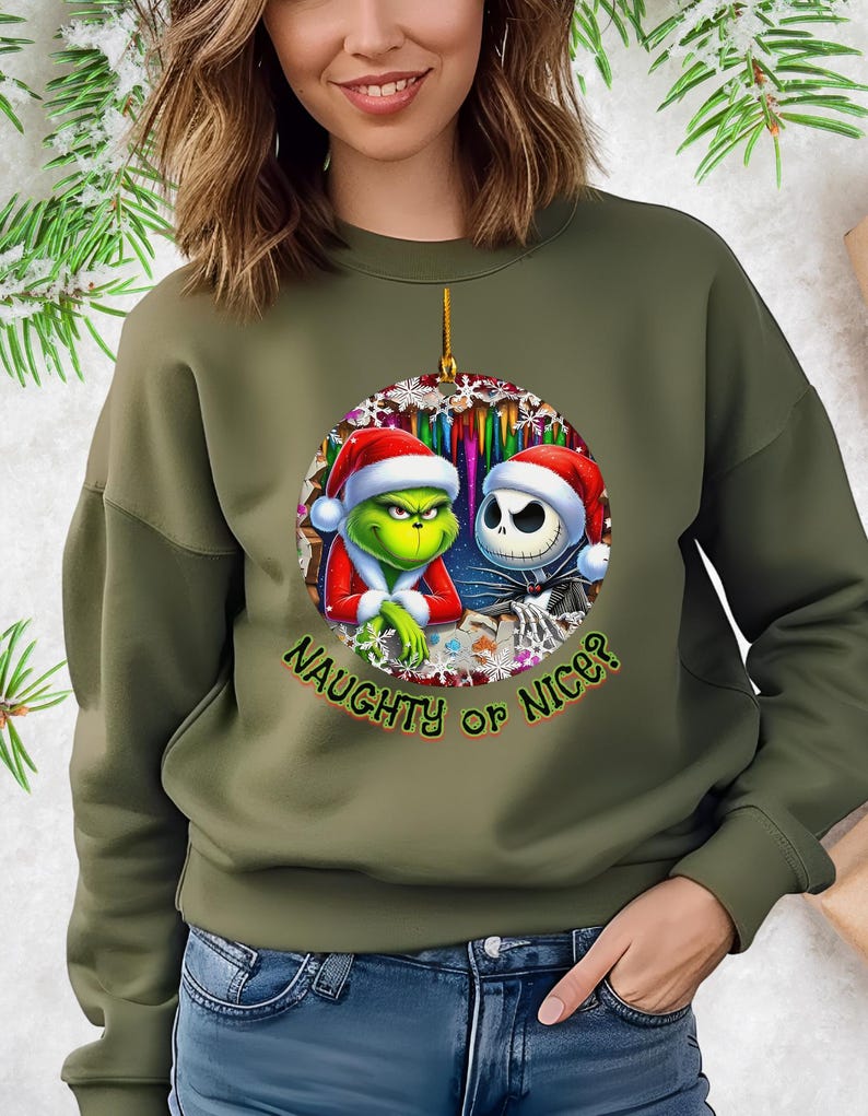 Grinch & Jack Skellington Christmas Sweater – Funny Holiday Sweatshirt Military Green