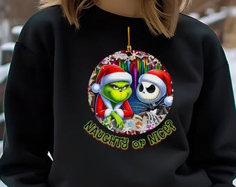 Naughty or Nice Grinch & Jack the Skeleton - Funny Holiday Sweater, Christmas Party Sweater, Sarcastic Christmas Sweater, Retro Xmas Sweater