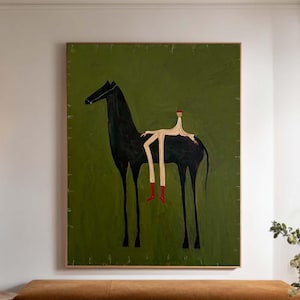 Large Abstract Horse Rider Oil Painting Olive Green Minimalist Equestrian Wall Art