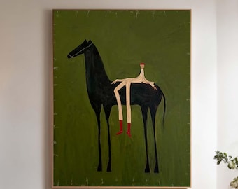 Large Abstract Horse Rider Oil Painting Olive Green Minimalist Equestrian Wall Art