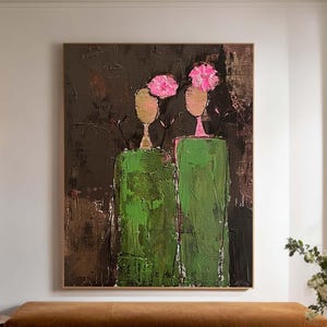 Abstraktes Paar Gemälde Vintage Figurative Leinwand Kunst Große Braun & Grün Strukturierte Wandkunst Minimalistische moderne Wanddekoration