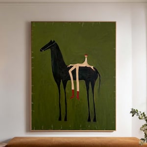 Vintage Style Abstract Horse & Figure Canvas Art Olive Green Textured Oil Painting for Living Room