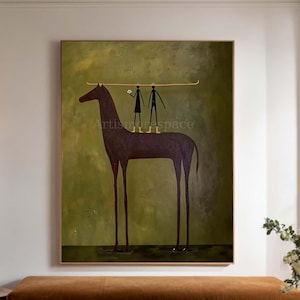 Olive Green Abstract Surrealist Horse Oil Painting Cowboy & Cowgirl Wall Art Modern Folk Art Canvas
