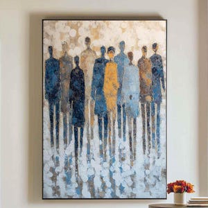 Abstract People Painting: Beige & Blue Wabi Sabi Canvas Art
