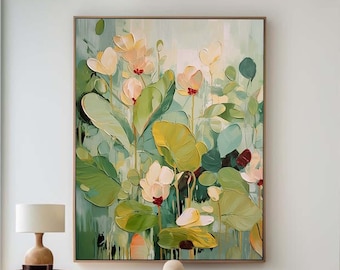 Original Green Flower Texture Oil Painting on Canvas Colorful Abstract Floral Art Green Garden Painting Large Green Wall Art Fashion Decor