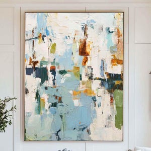 Large Blue Abstract Painting: Textured Neutral Wall Art on Canvas