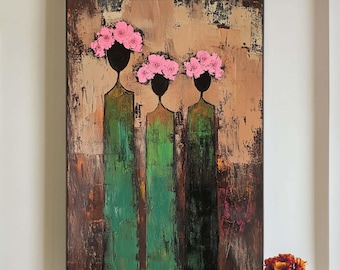 Abstract Woman Figure Painting Vintage Girls Figurative Canvas Art Brown & Green Texture Painting Abstract People Art Wabi Sabi Wall Art
