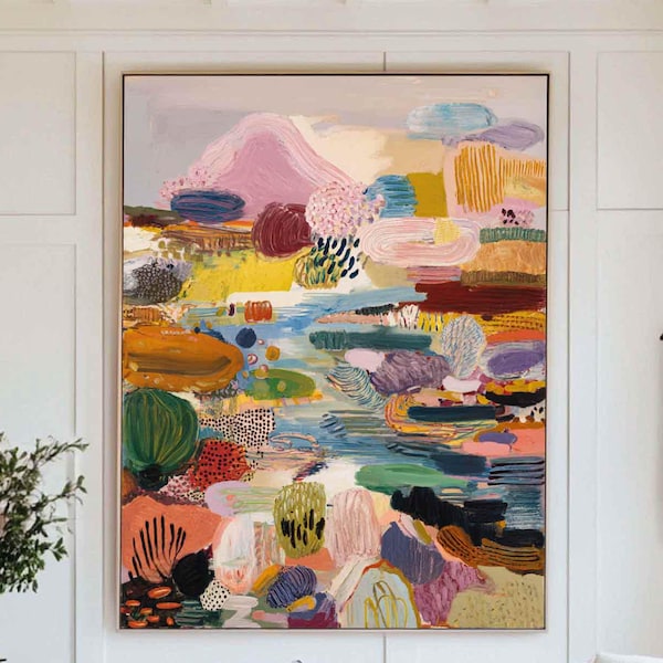 Bunte abstrakte Landschaftsmalerei moderne strukturierte Wandkunst Lebendige Naturszenenmalerei Große Leinwand für Wohnzimmerdekor Boho Wandkunst