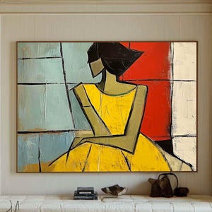 Woman Portrait Painting Woman Figure Canvas Art Female Figure Minimalist Painting Wabi Sabi Art Yellow Texture Painting Original Framed Art