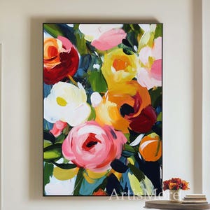 Abstract Floral Oil Painting Large Colorful Textured Wall Art Boho Floral Wall Art Retro Minimalist Flower Painting for Dining Space